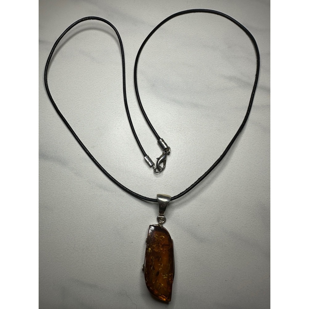Sterling Silver 925 Baltic Amber Pendant Necklace Black Cord Honey Cognac Stone